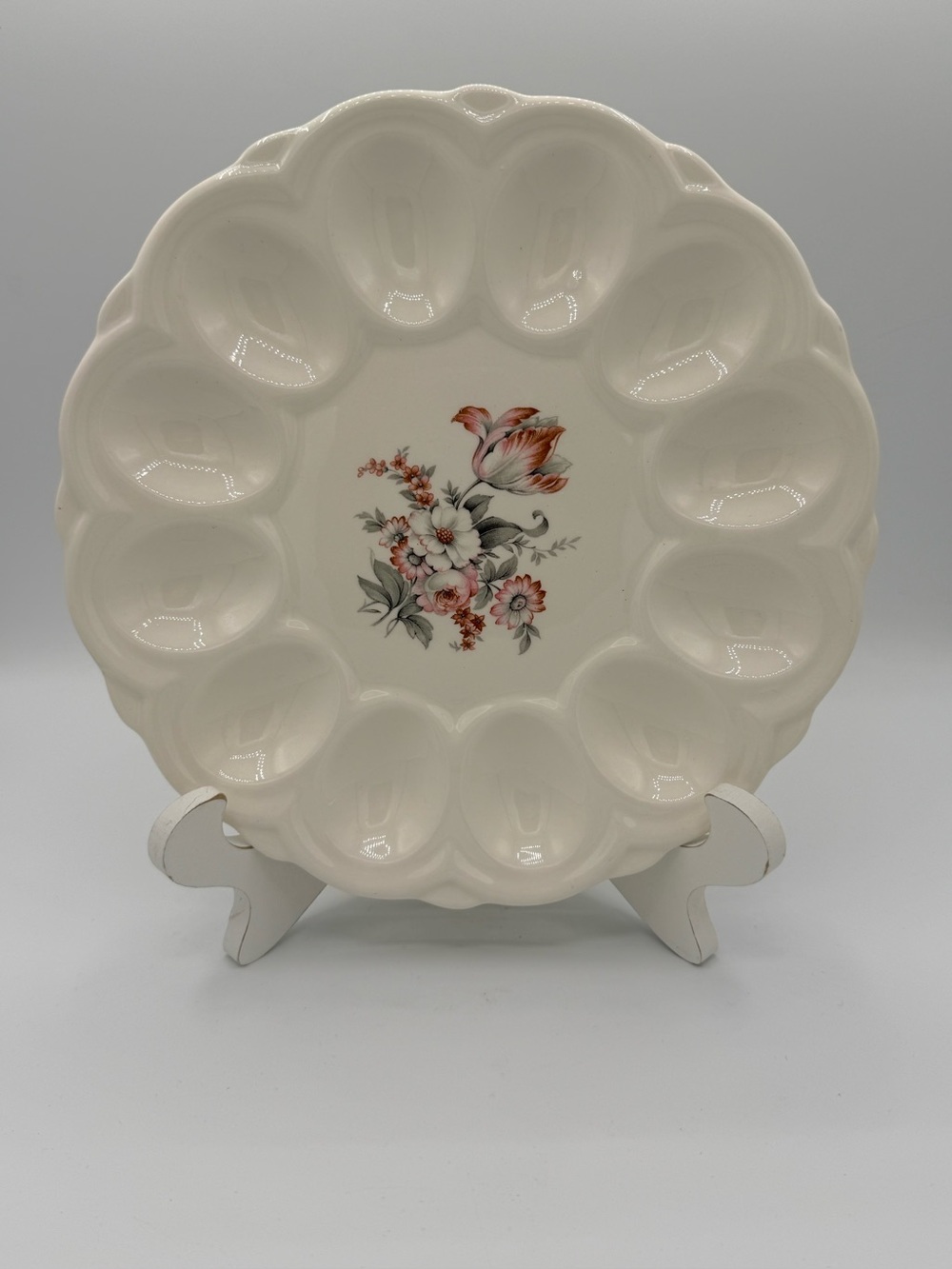 Vintage Cream Ceramic Deviled Egg Platter with Floral Center